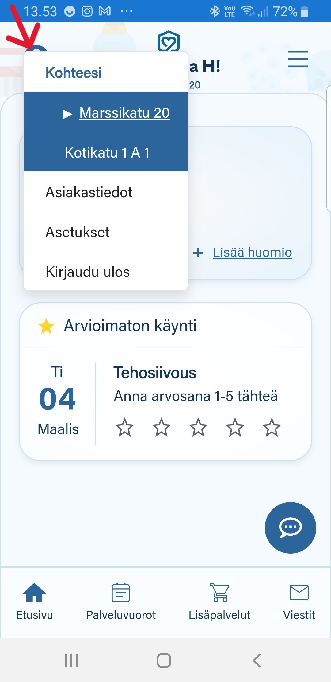 Asiakassivun kohdetiedon valinta