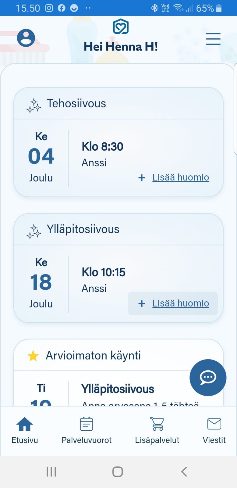 Kotirinki Asiakassivu Etusivun näkymässä tulevat palveluvuorot